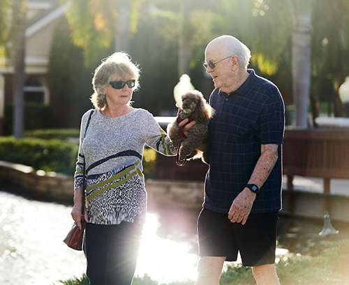 couple walking with dog